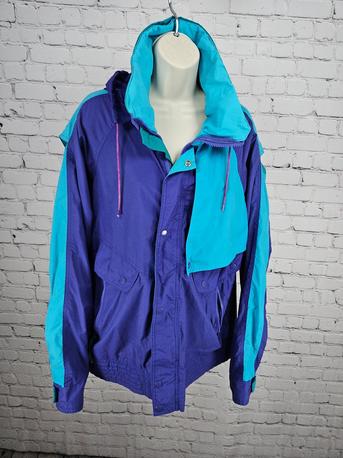 VTG Weekends Purple Teal Color Block Hooded Nylon Windbreaker Jacket Men's L