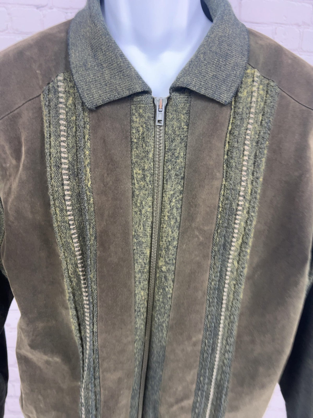 VTG Tabaroni Olive Green Brown Leather Wool Knit Zip Sweater Jacket Italy L