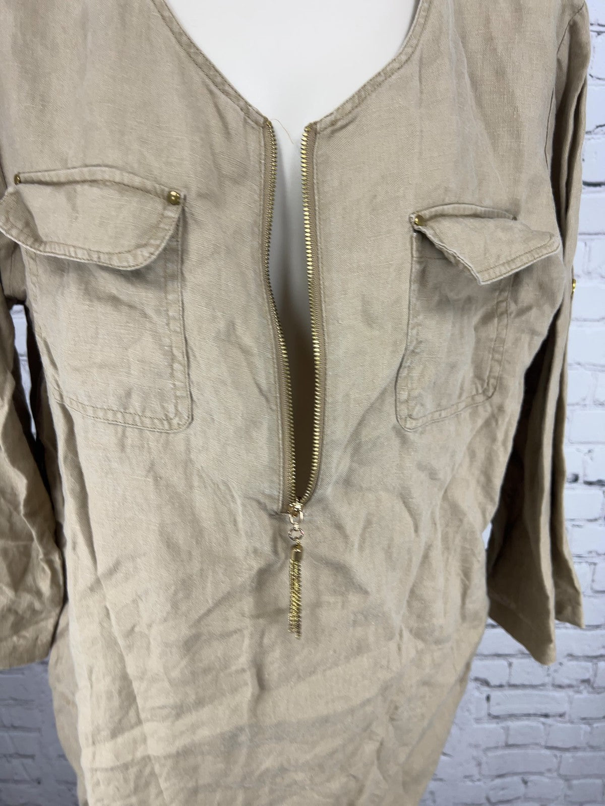 Company Ellen Tracy Flax 100% Linen Half Zip Pocket 3/4 Sleeve Tunic Top L