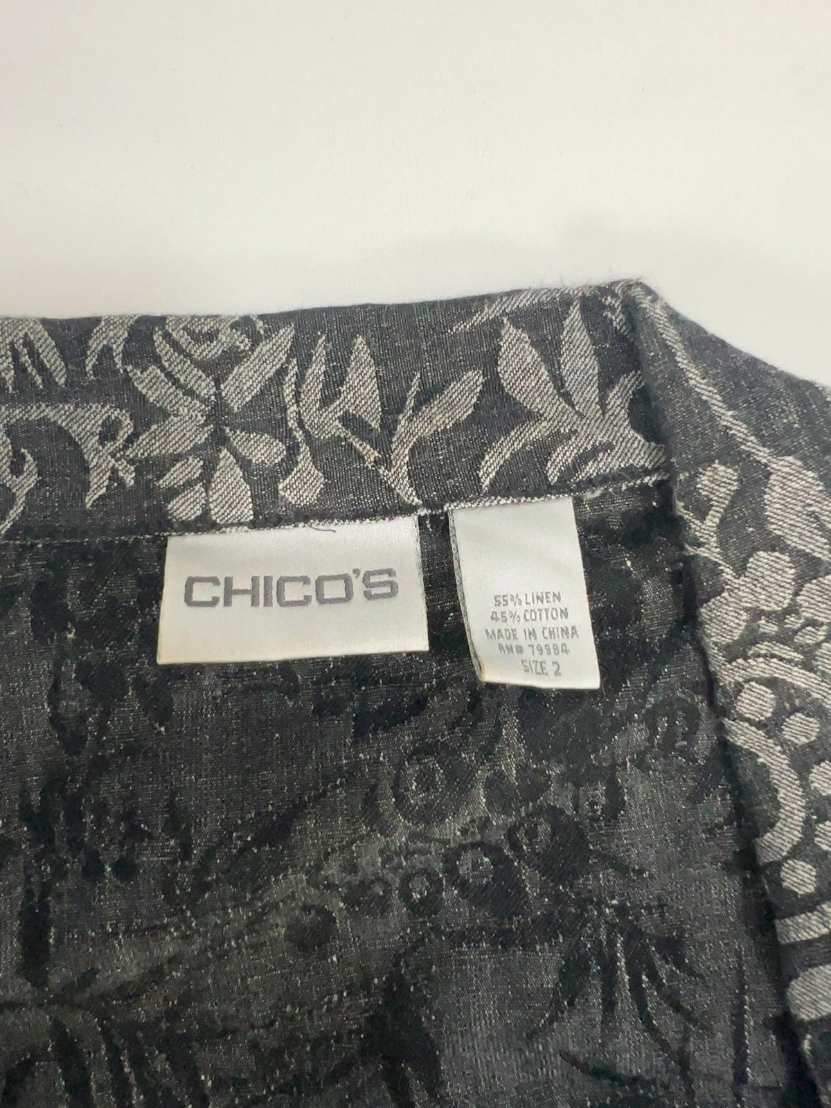 Chico's Black Gray Pagoda Jacquard Linen Blend 3/4 Sleeve Jacket 2 (US M)