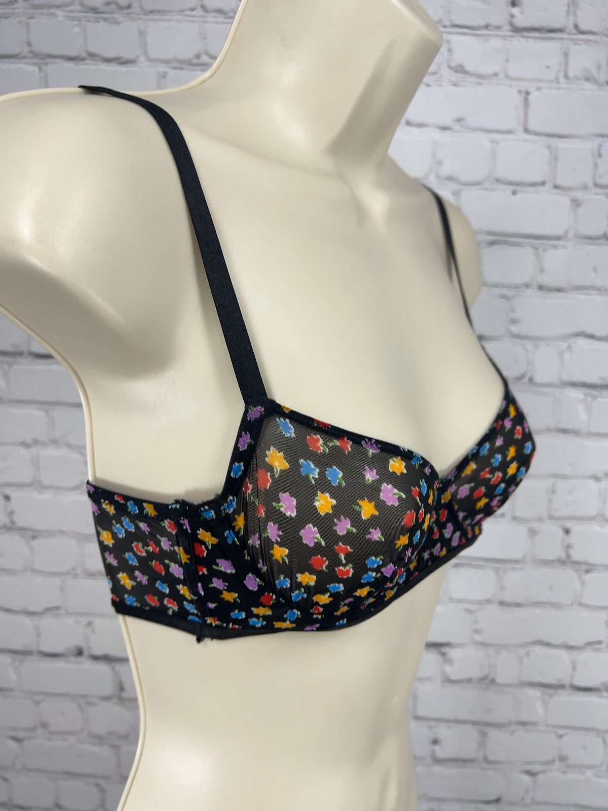 Free People Intimately Black Floral Sheer Mesh Underwire Balconette Bra 32B