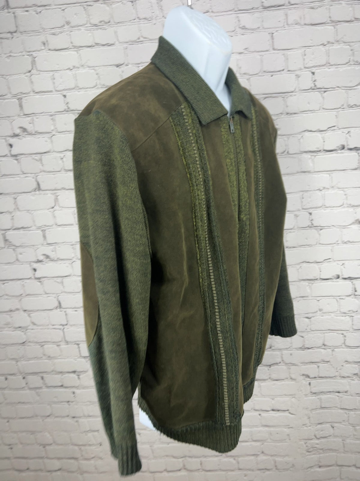 VTG Tabaroni Olive Green Brown Leather Wool Knit Zip Sweater Jacket Italy L