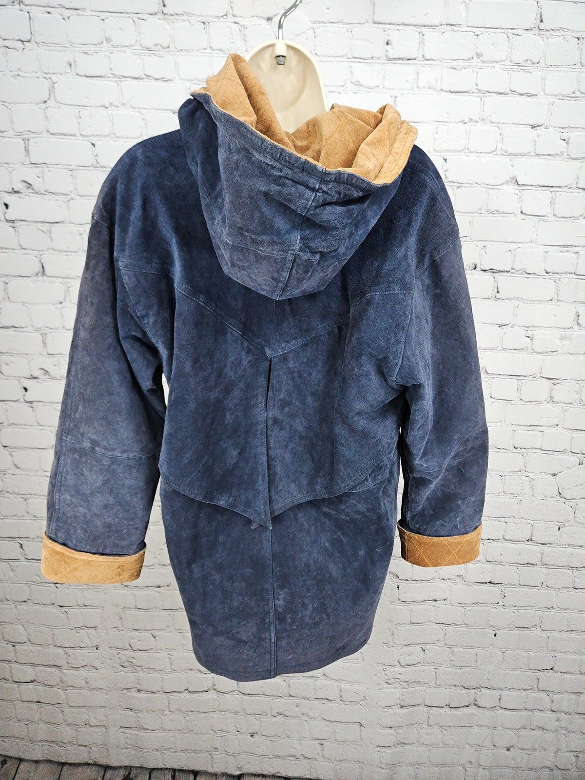 VTG BB Dakota Navy Suede Leather Hooded Drawstring Parka Jacket Womens M