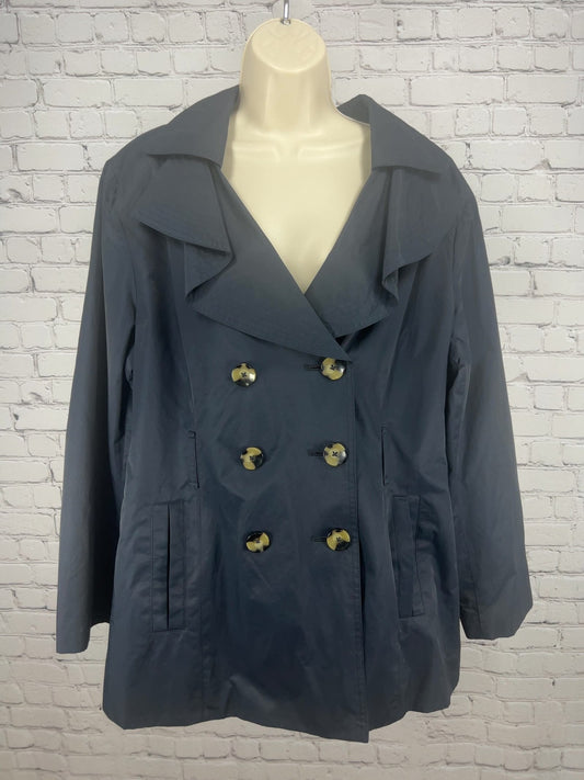 London Fog Navy Double Breasted Ruffle Collar Short Trench Coat Cotton Blend XXL