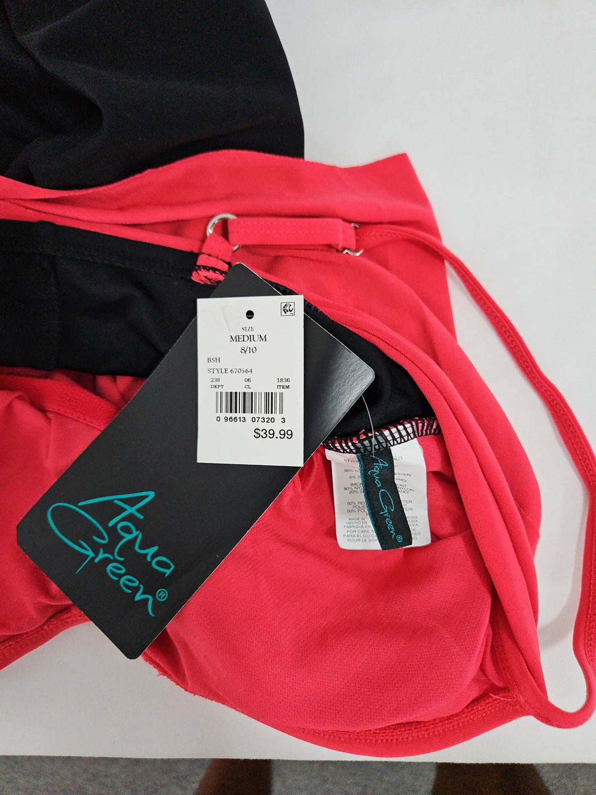 NWT Aqua Green Coral Red Black Draped Wrap One Piece Swimsuit Medium