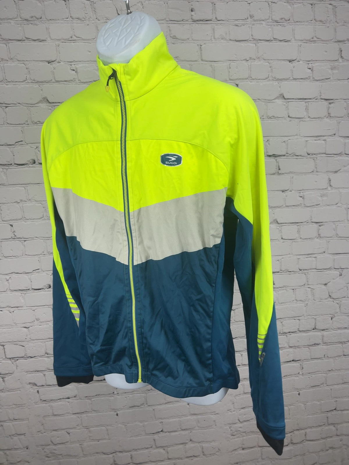 Sugoi RS 180 Neon Yellow Teal Reflective Full Zip Men's Cycling Jacket L