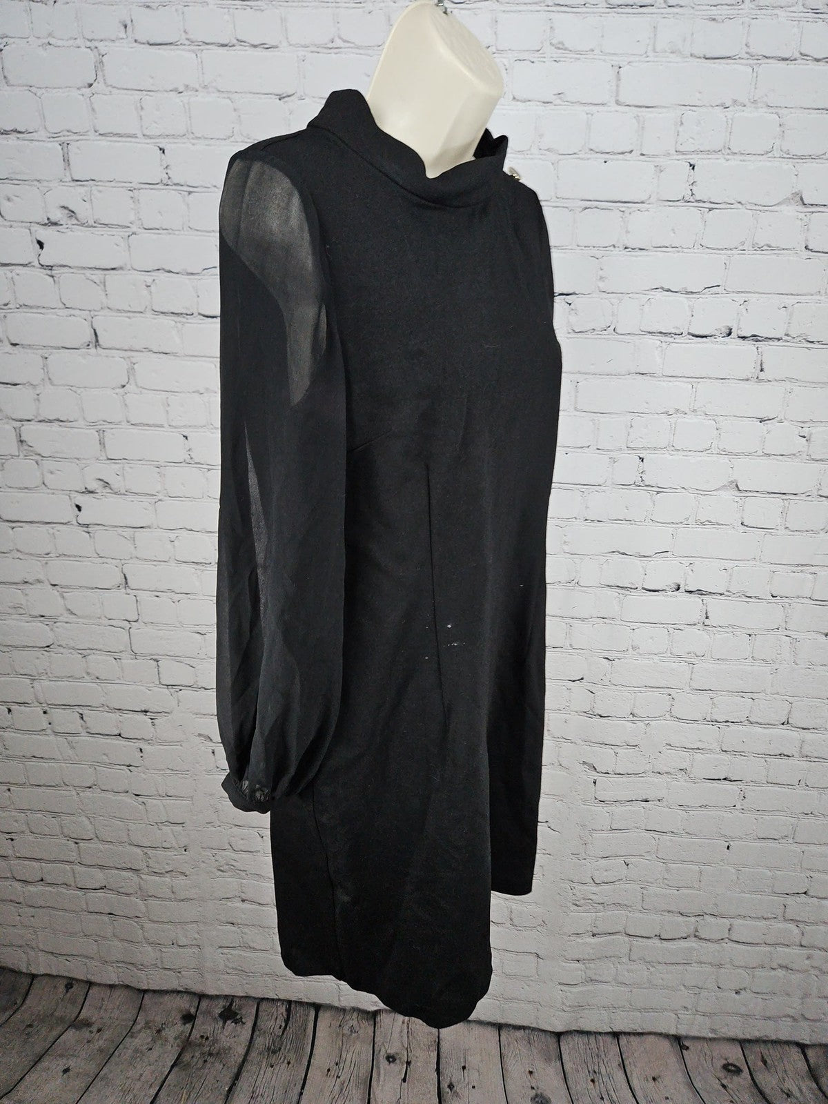 NWD Talbots Petite Black Funnel Neck Sheer Sleeve Button Shoulder Shift Dress 8P