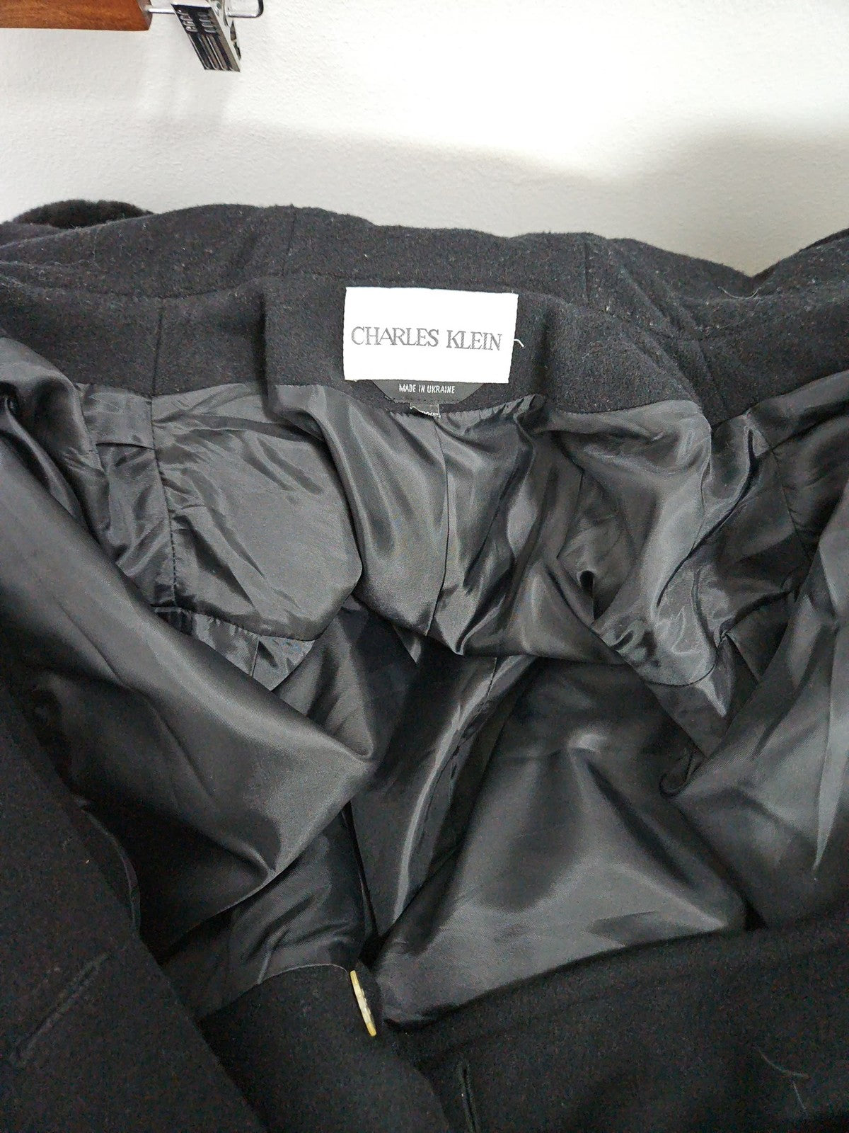 VTG Charles Klein Black 100% Wool Faux Fur Hooded Double Breasted Coat 20WP