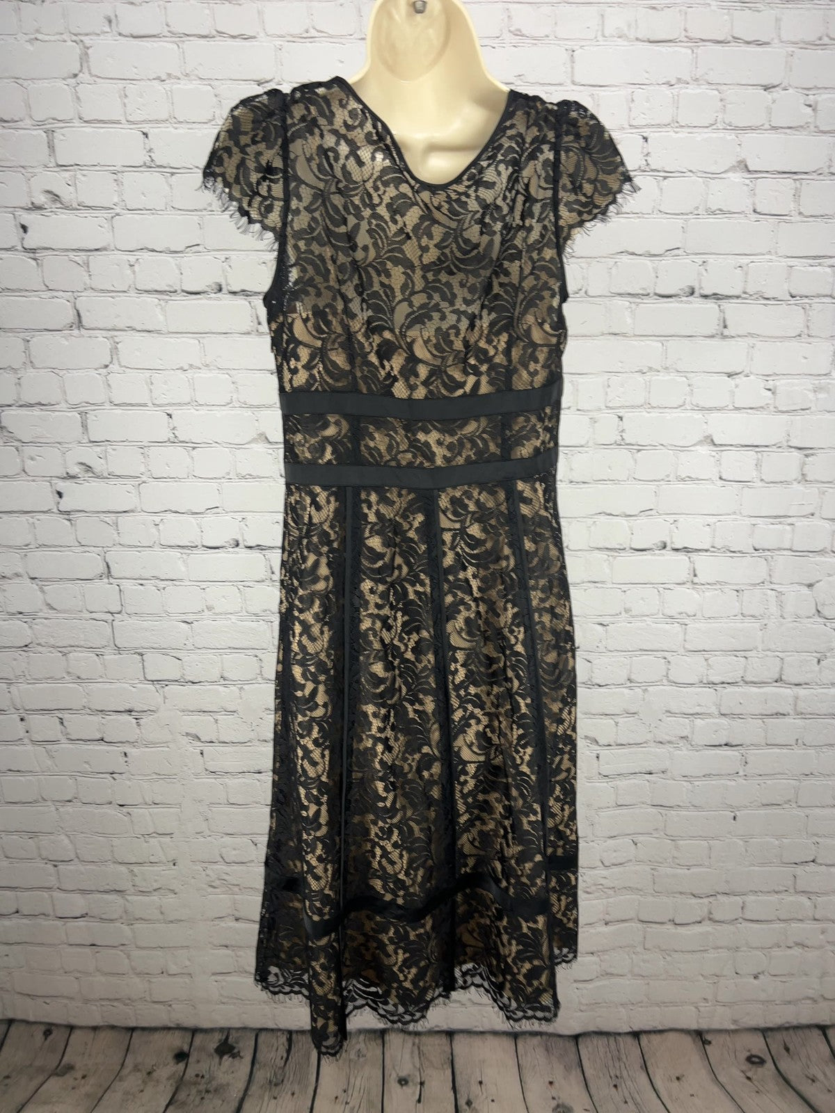 LOFT Black Nude Lace Cap Sleeve V Neck Satin Trim Lined Midi Dress 6P