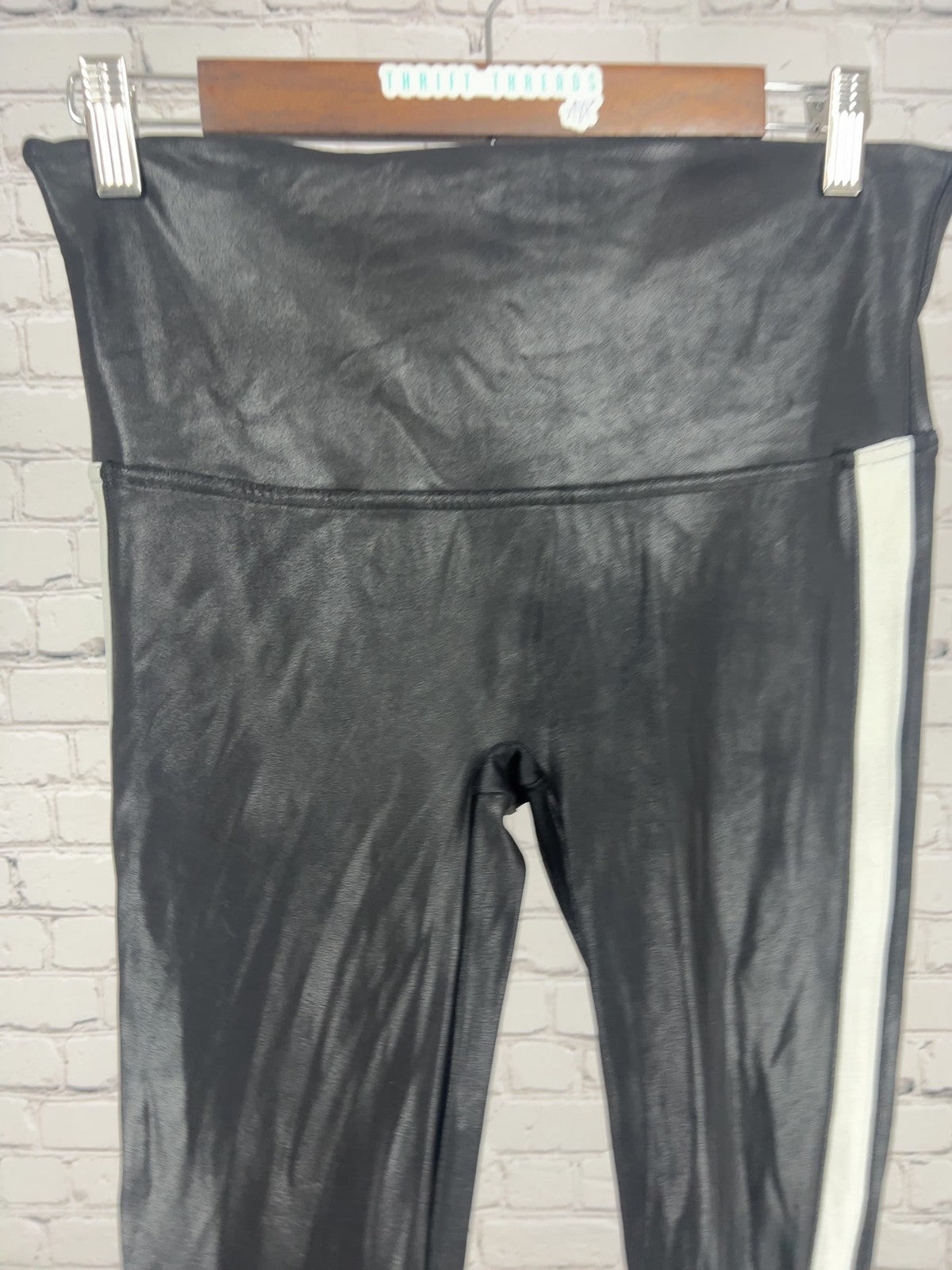 Spanx Faux Leather Black White Side Stripe Leggings Women's XL (30X27)