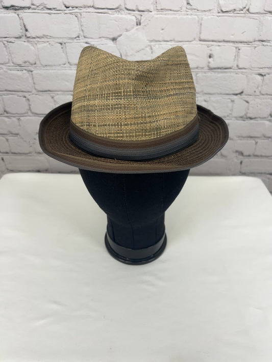 Scala Handmade Tan Brown Raffia Paper Braid Striped Band Fedora Hat Large