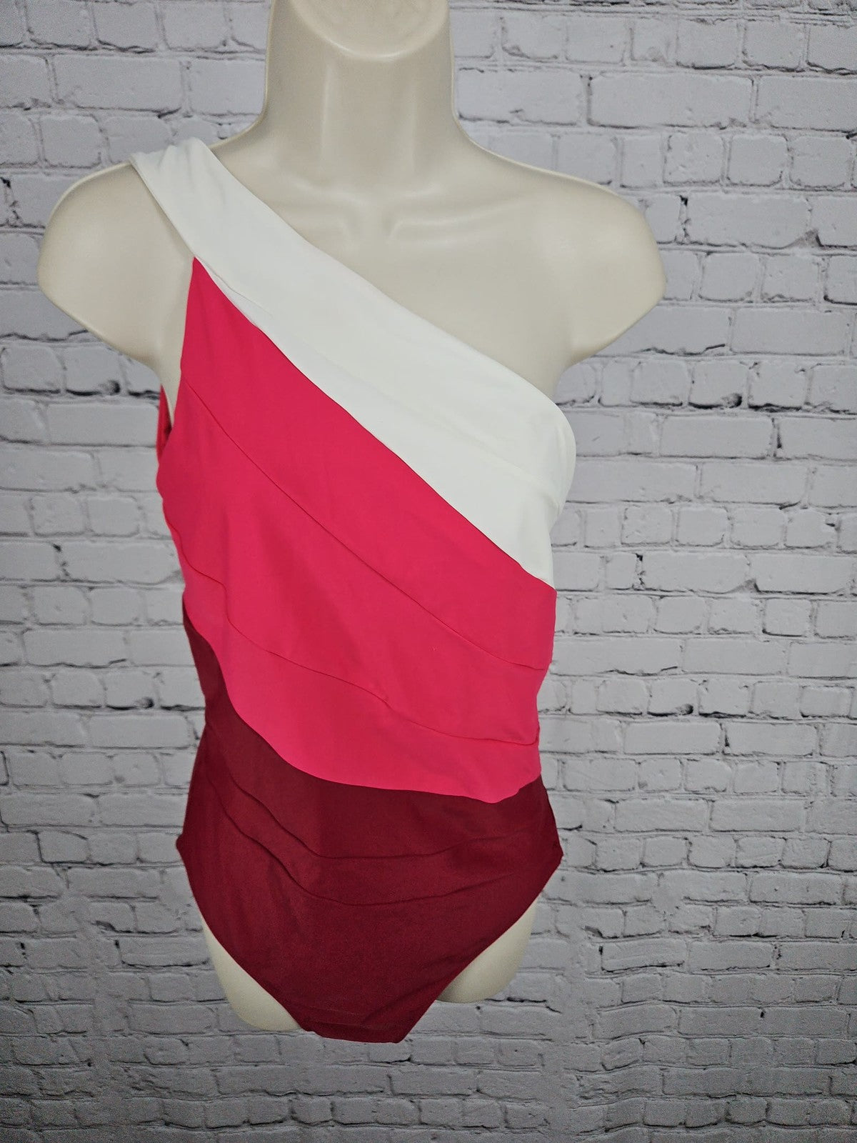 Summersalt Pink Red White Colorblock One Shoulder One Piece Swimsuit 12