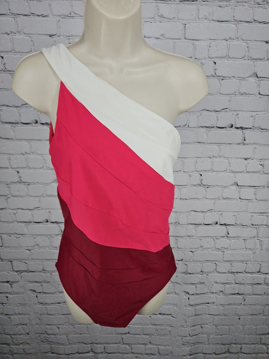 Summersalt Pink Red White Colorblock One Shoulder One Piece Swimsuit 12