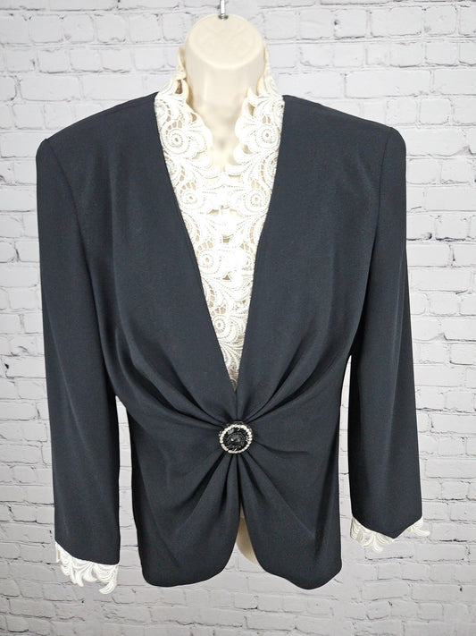 VTG Daymor Couture Black Ivory Lace Collar Ruched Brooch Evening Blouse 10