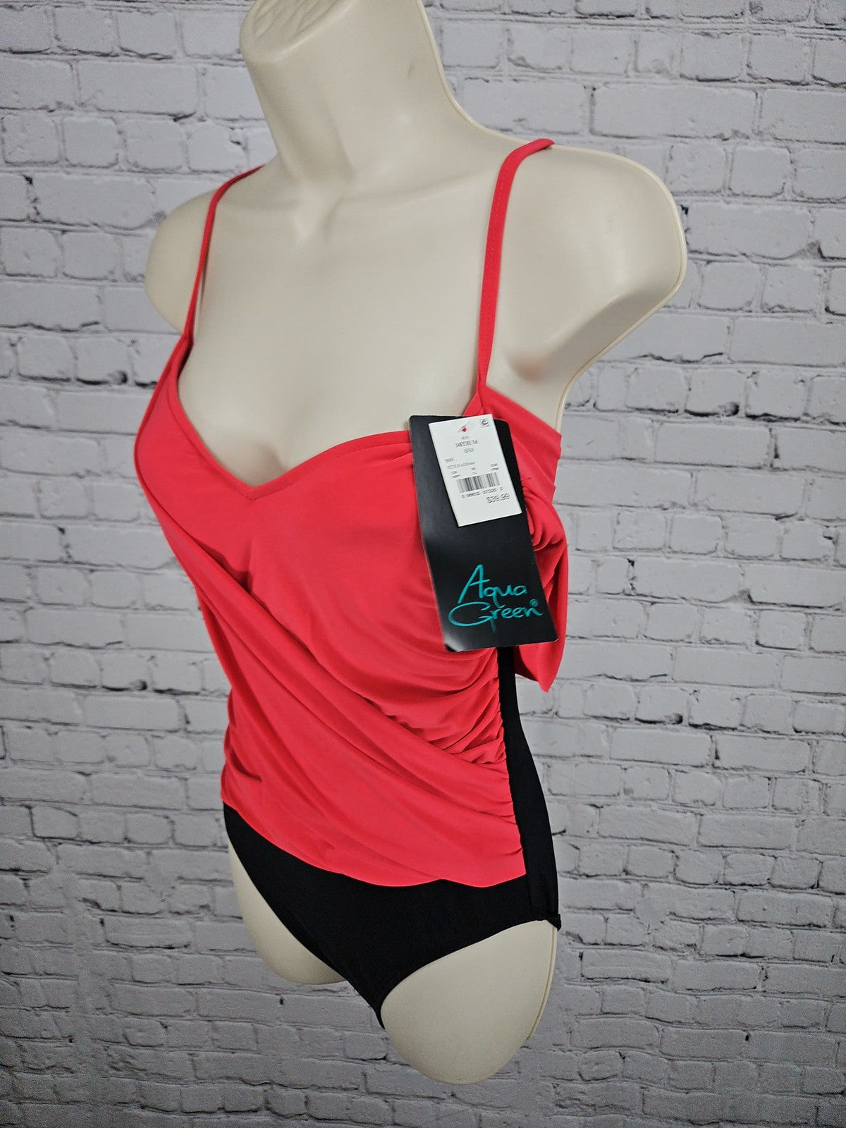NWT Aqua Green Coral Red Black Draped Wrap One Piece Swimsuit Medium