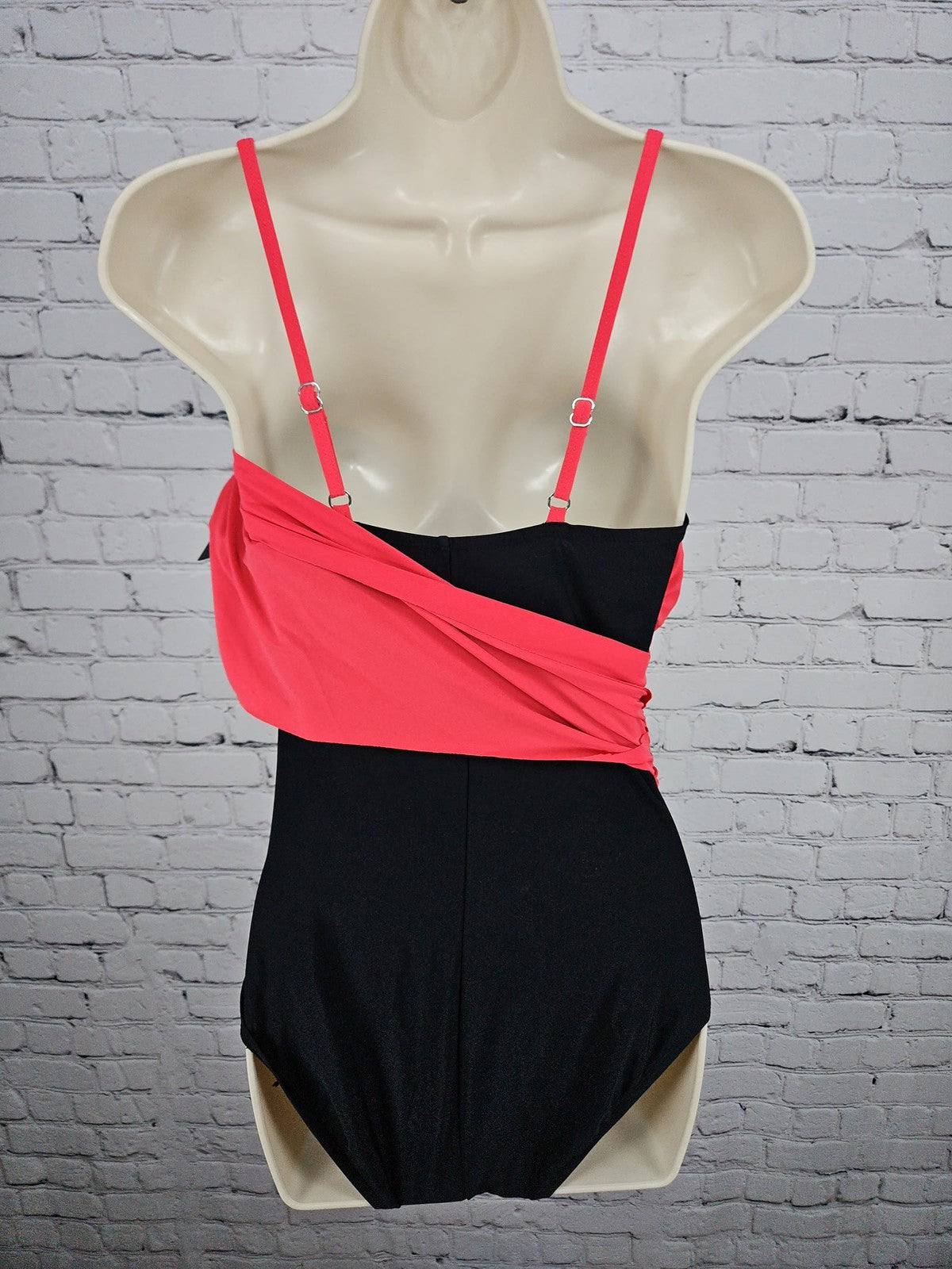 NWT Aqua Green Coral Red Black Draped Wrap One Piece Swimsuit Medium