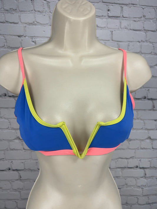 OneOne Blue Pink Yellow Colorblock Notch V Neck Padded Bikini Top Swim M