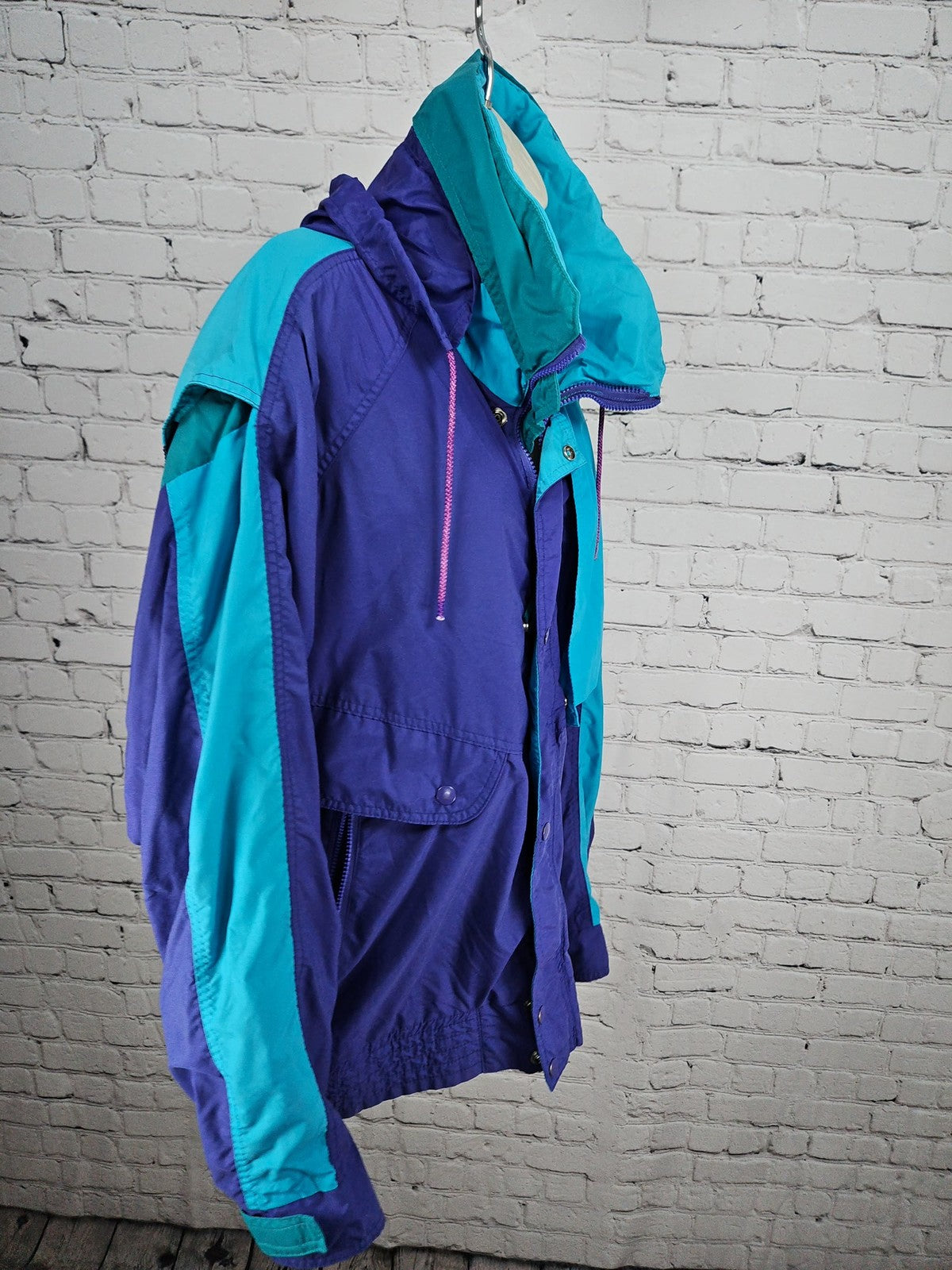 VTG Weekends Purple Teal Color Block Hooded Nylon Windbreaker Jacket Men's L