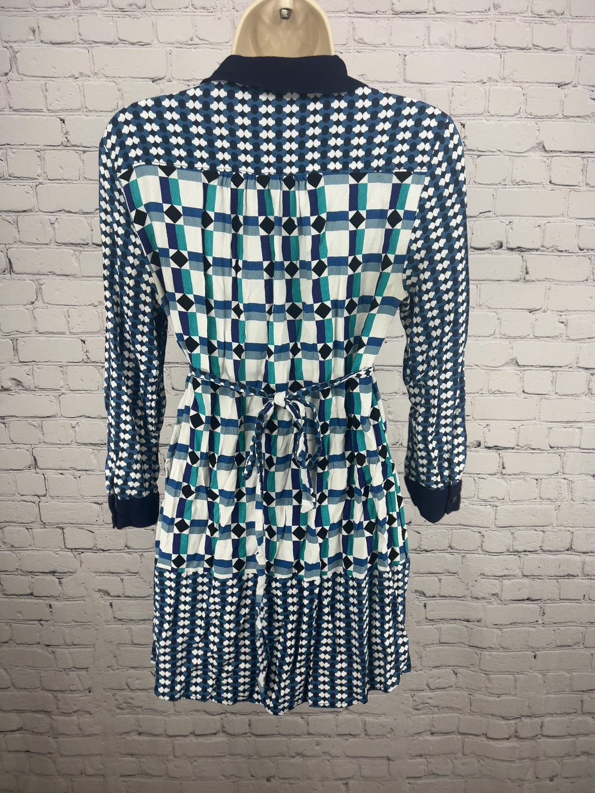 Maeve Anthropologie Blue White Geometric Print Belted Mini Shirt Dress 6