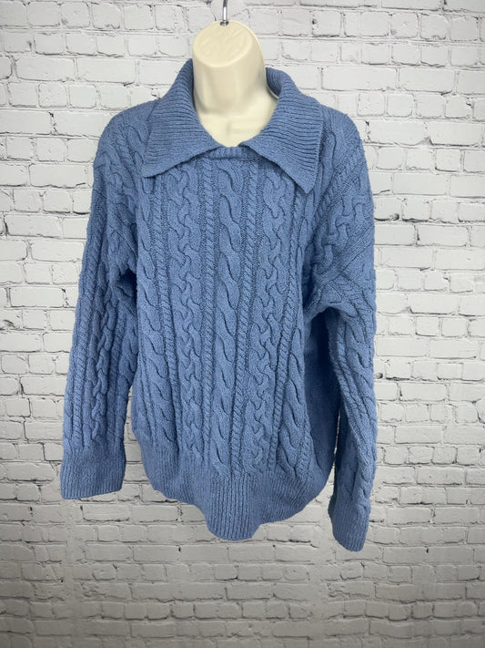Free People Blue Chenille Cable Knit Collared V Neck Pullover Sweater S