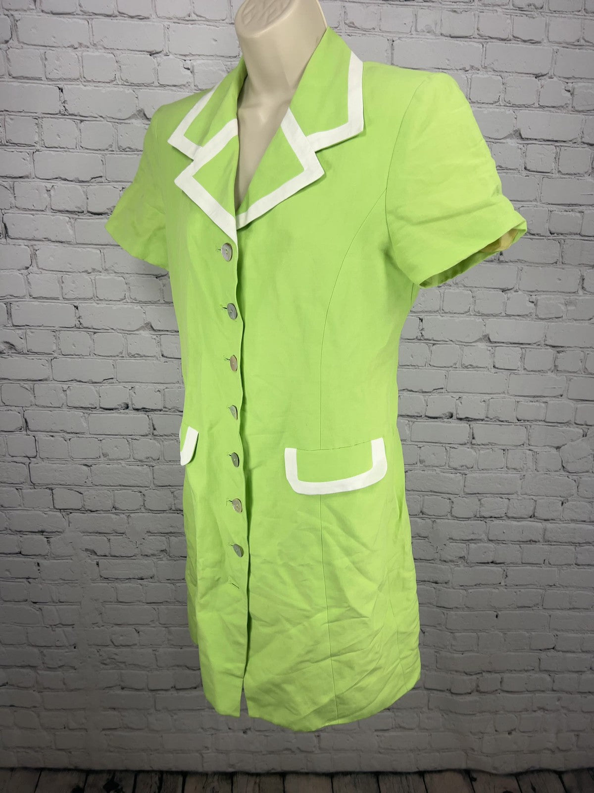 VTG Evan-Picone Lime Green White Trim Linen Blend Short Sleeve Shirt Dress 8