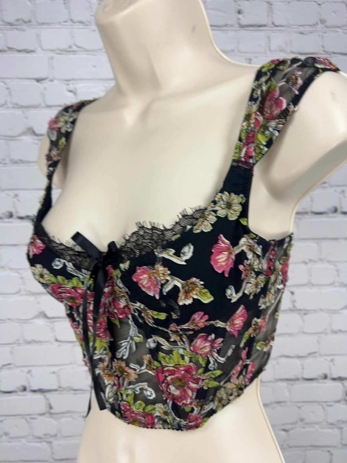 Victoria's Secret Dream Angels Black Floral Mesh Lace Corset Bustier 32C