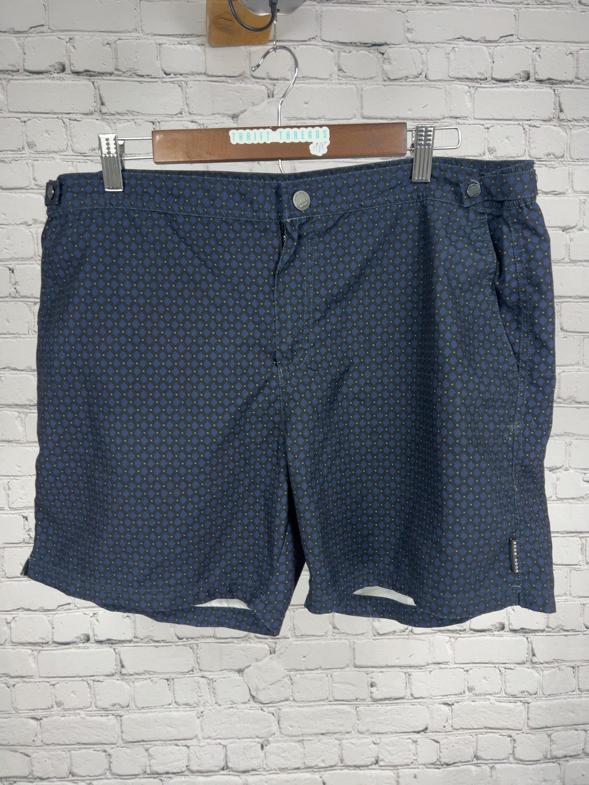 Hugo Boss Navy Geometric Print Side Tab Mesh Lined Swim Trunks L (36X5.5)