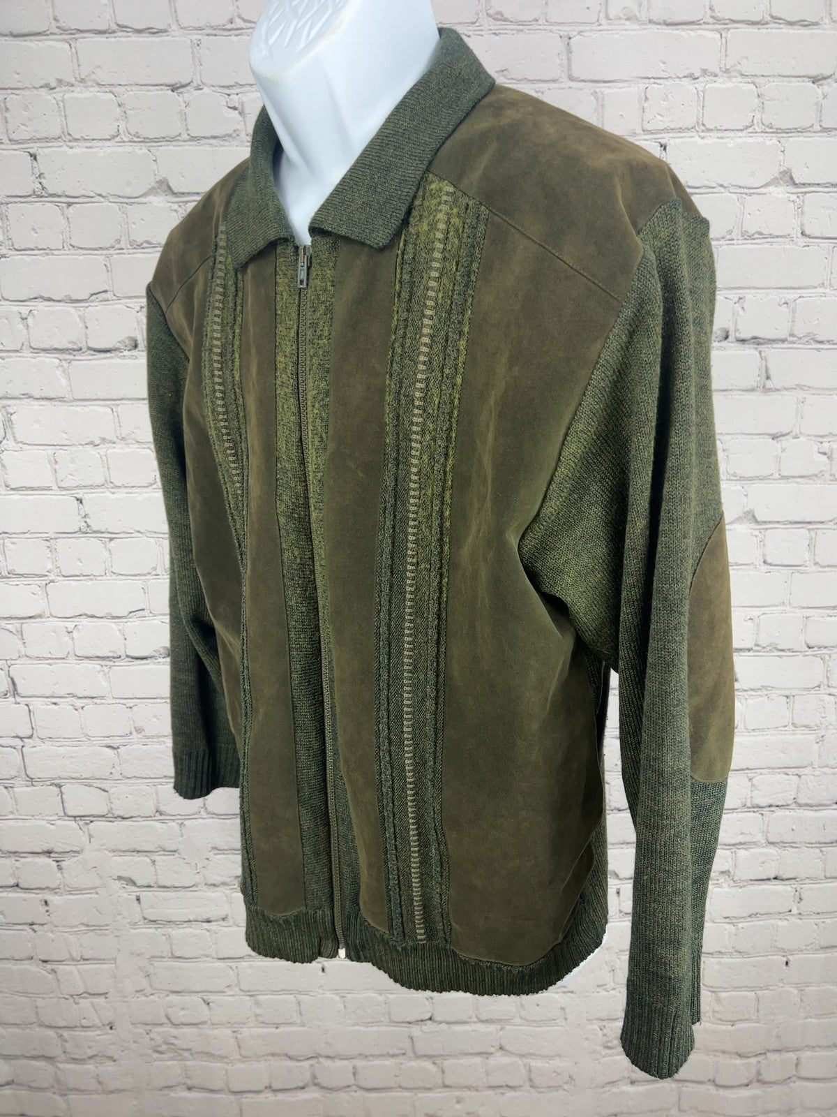 VTG Tabaroni Olive Green Brown Leather Wool Knit Zip Sweater Jacket Italy L