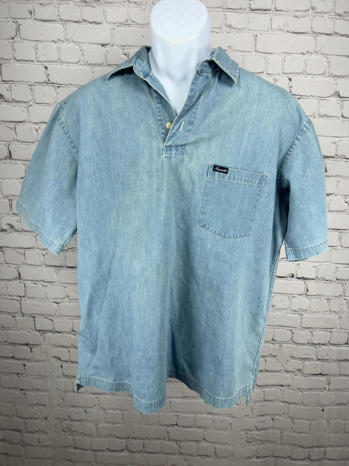 VTG Faconnable Light Wash Denim Popover Short Sleeve Pocket Shirt Mens M