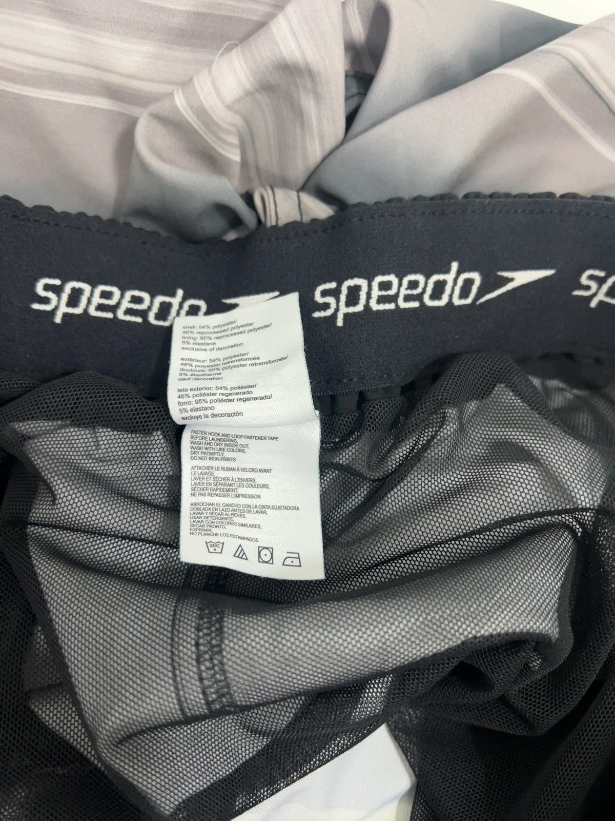 Speedo Black Gray Palm Tree Striped Lined Swim Trunks Board Shorts XL