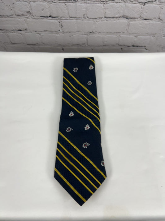 VTG Villa Di Oro Navy Yellow Stripe Floral Polyester Wide Neck Tie Italy