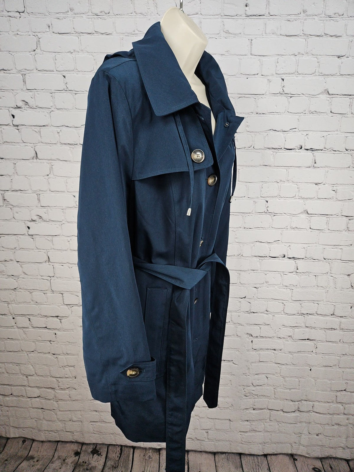 London Fog Dark Teal Hooded Belted Lined Trench Rain Coat Women's L