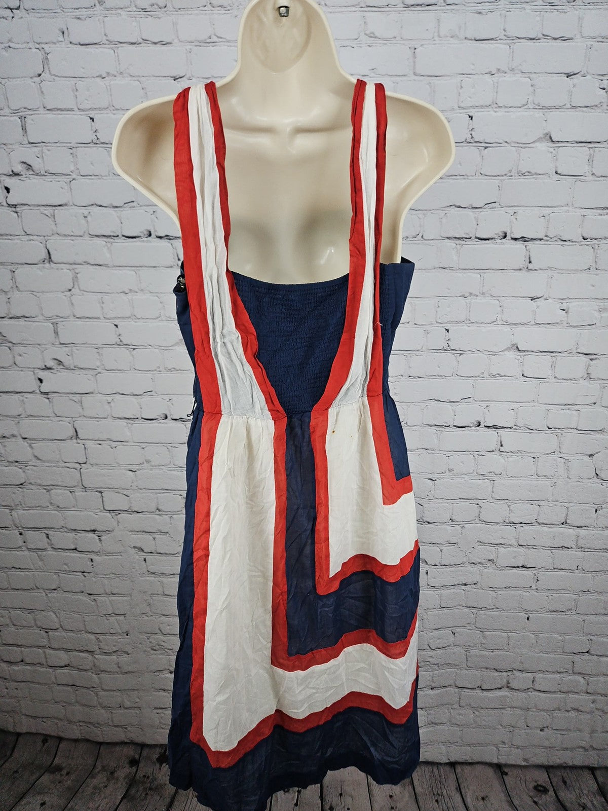 Betsey Johnson Navy Red White Colorblock Smocked Cotton Sundress M