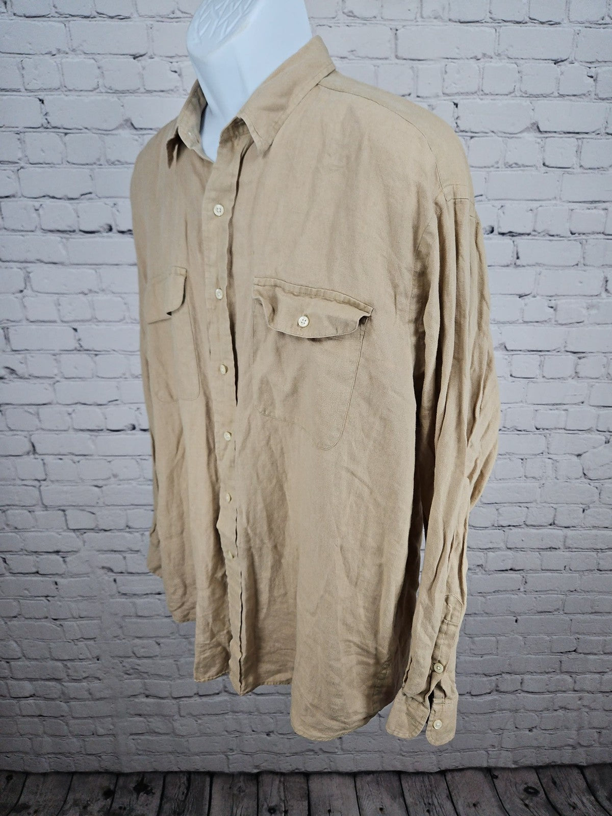VTG Polo Ralph Lauren Whitfield Tan 100% Linen Two Pocket Button Up Shirt XL