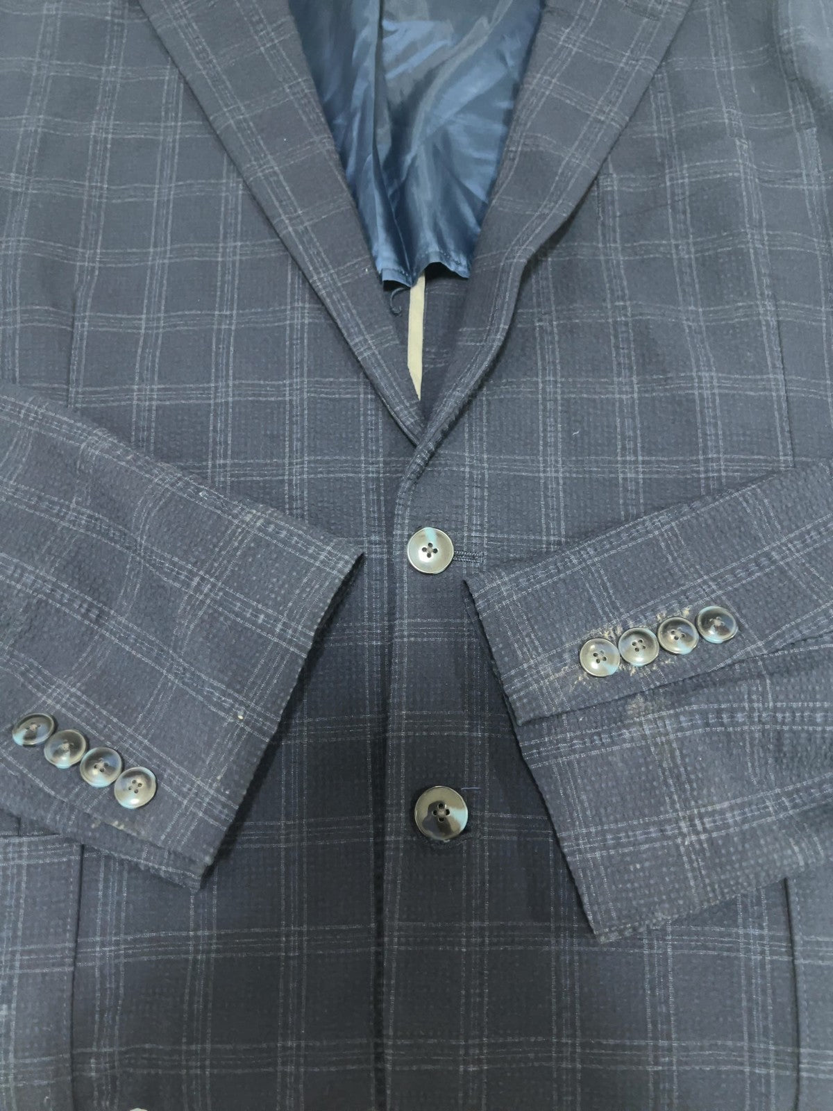 Awearness Kenneth Cole Navy Plaid Seersucker 2 Button Blazer Sport Coat XL