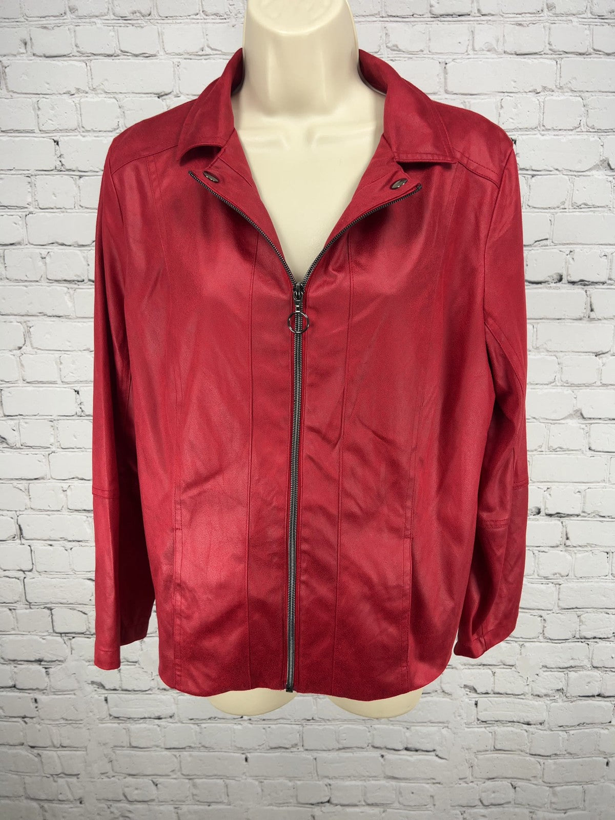 Allison Daley Red Faux Leather Full Zip Snap Collar Lined Jacket S