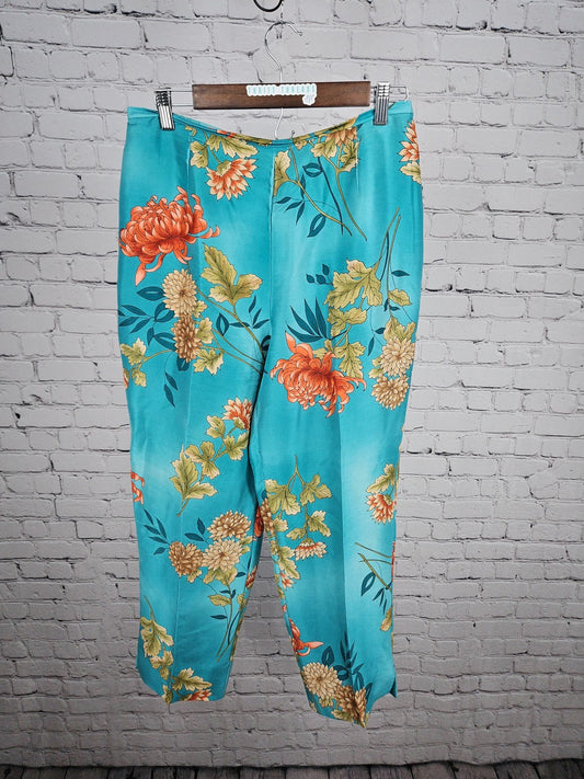 Valerie Stevens Turquoise Floral 100% Silk Cropped Capri Pants L (30X24)