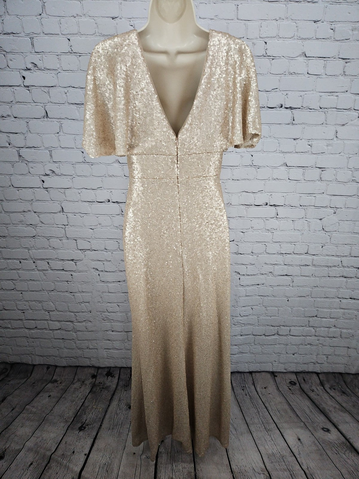 Christina Wu Celebration Rose Matte Sequin Flutter Sleeve V Neck Maxi Dress 6