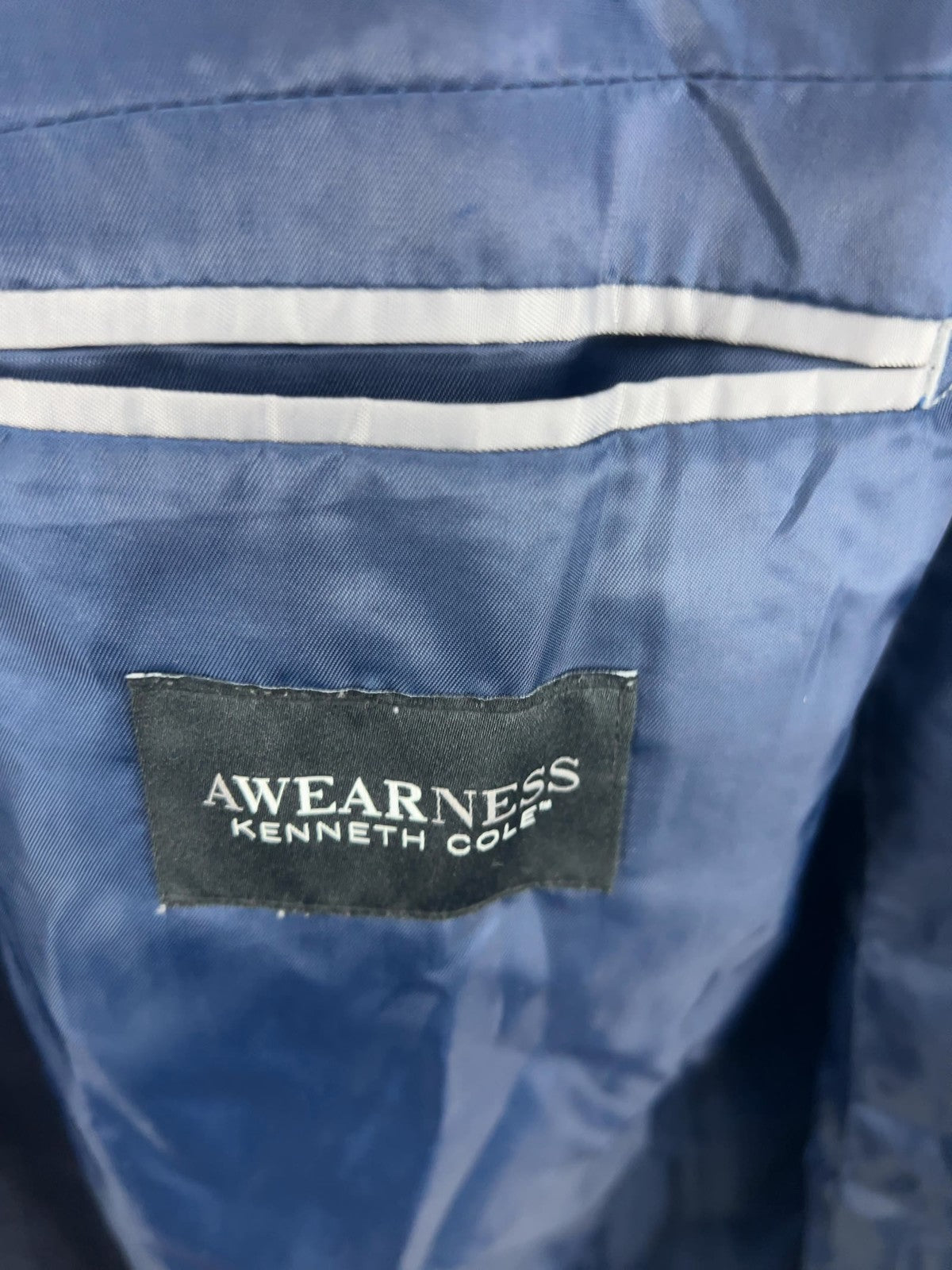 Awearness Kenneth Cole Navy Plaid Seersucker 2 Button Blazer Sport Coat XL