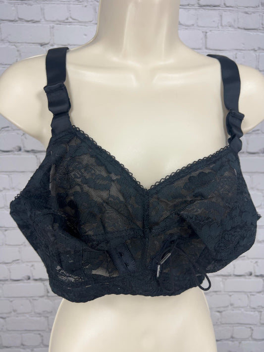 VTG Black Floral Lace Front Drawstring Full Coverage Bra Made USA 44C