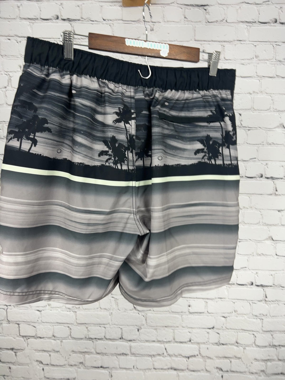 Speedo Black Gray Palm Tree Striped Lined Swim Trunks Board Shorts XL