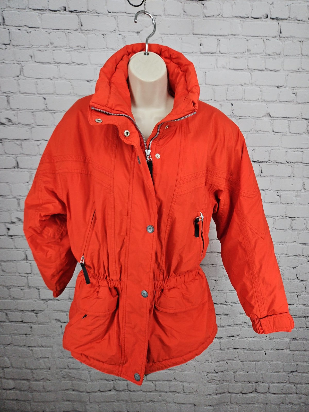 VTG APS CB Red Orange Nylon Insulated Cinched Waist Ski Jacket Womens 10