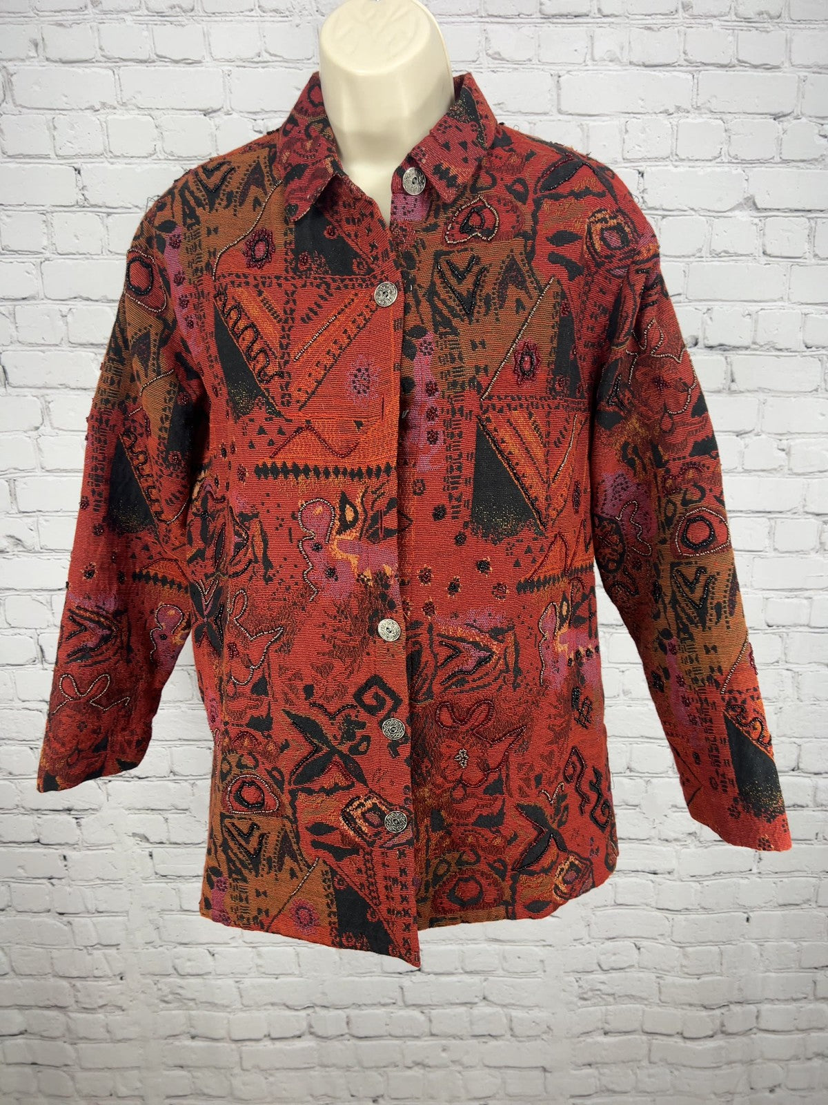 VTG Chico's Red Abstract Tapestry Beaded Button Front Shirt Jacket Size 1 (US S)