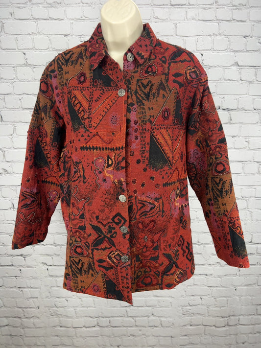 VTG Chico's Red Abstract Tapestry Beaded Button Front Shirt Jacket Size 1 (US S)