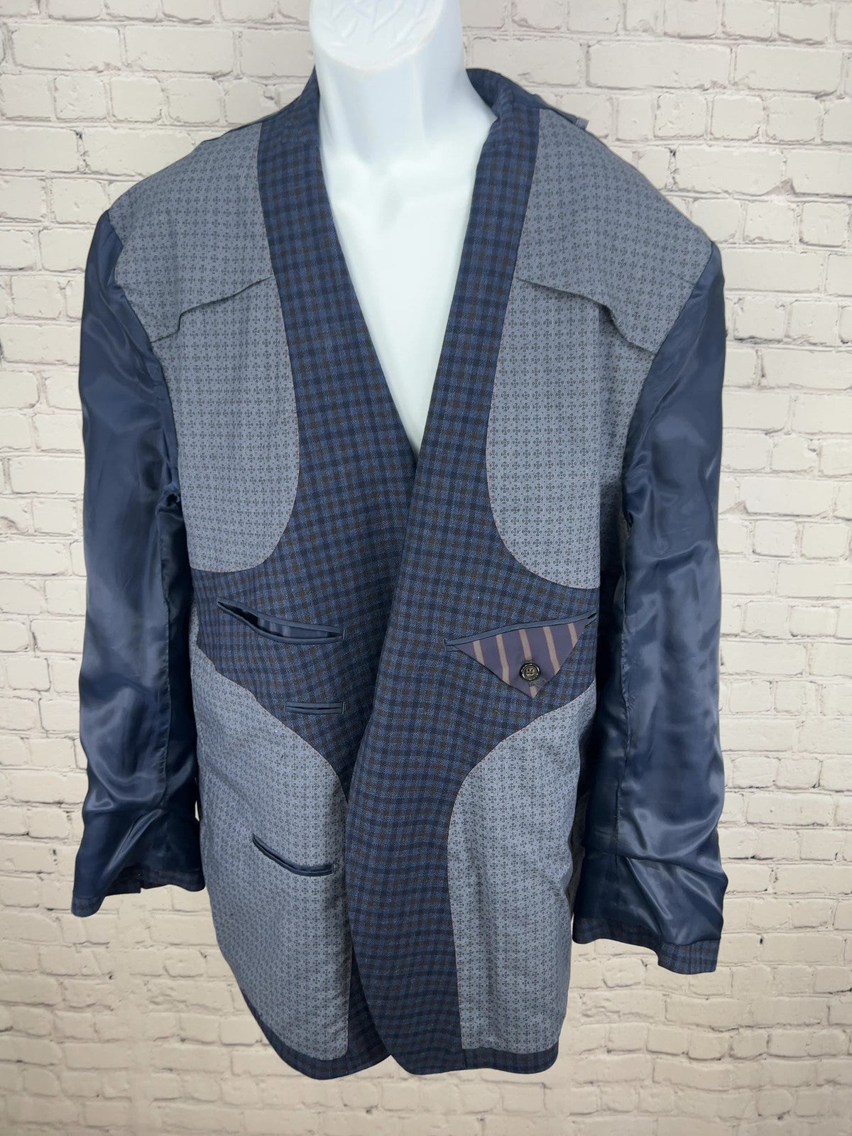 Cremieux Classics Blue Brown Gingham 100% Wool Elbow Patch Sport Coat XXL