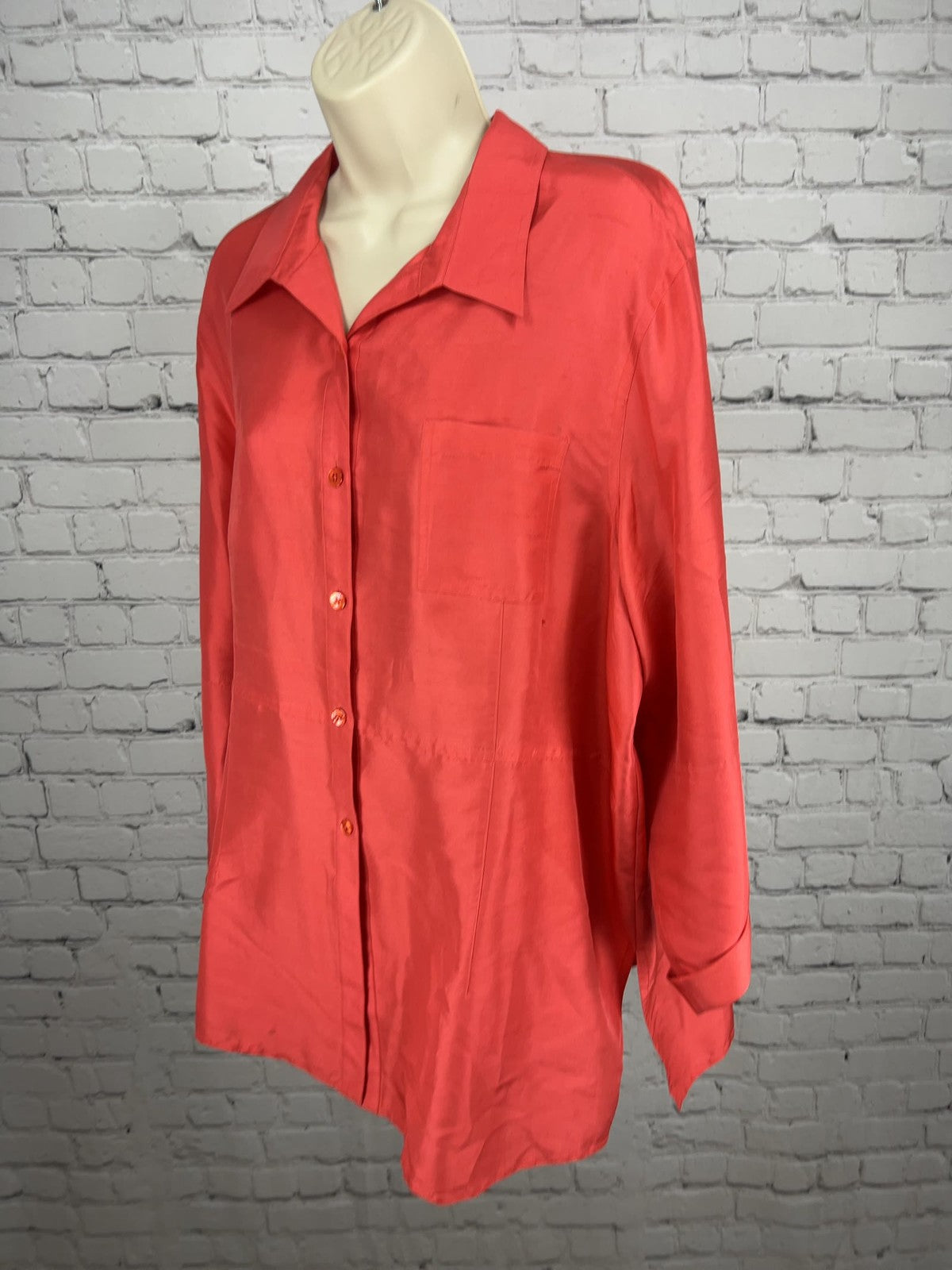 Coldwater Creek Coral 100% Silk Textured Button Up Long Sleeve Blouse XL