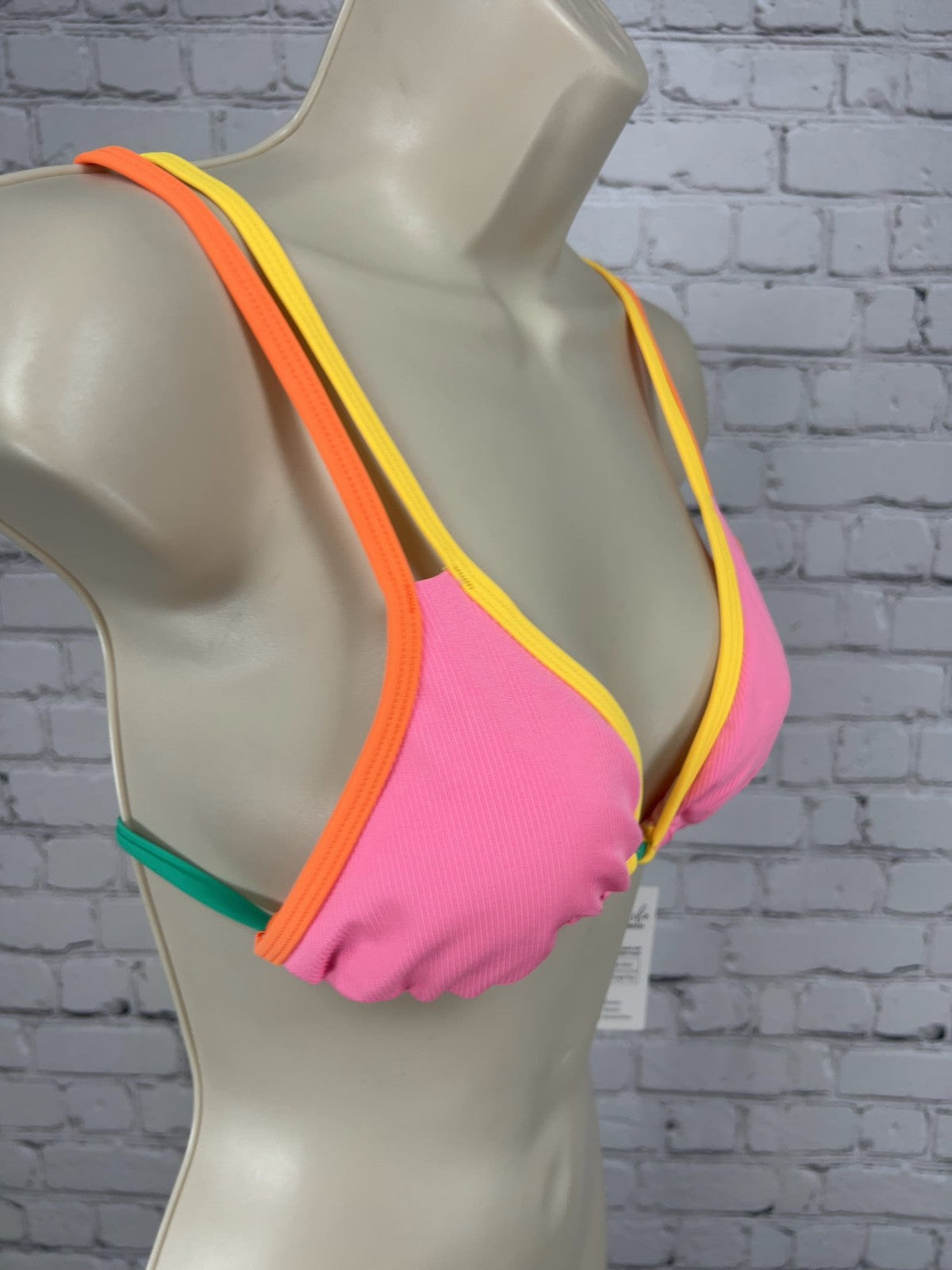 NWT Cupshe Neon Pink Orange Colorblock Ribbed Triangle Bikini Swim Top S