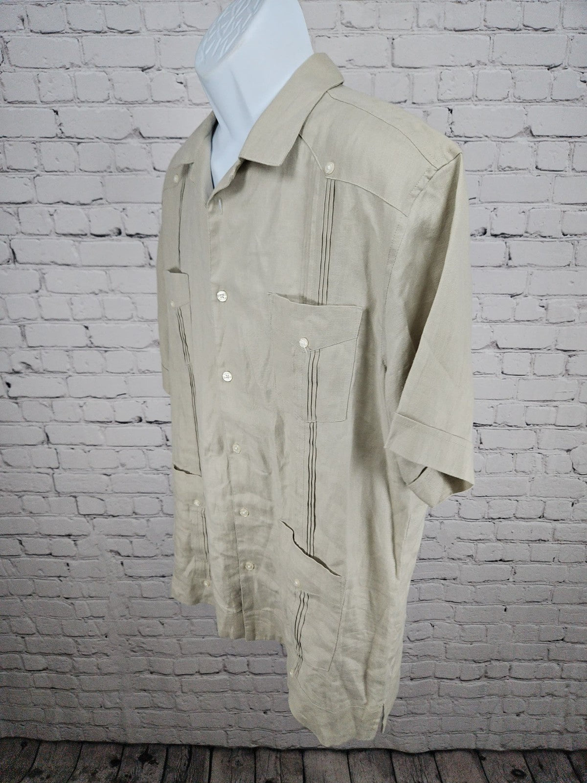 28 Palms Khaki 100% Linen Guayabera Short Sleeve Button Up Shirt Men's L