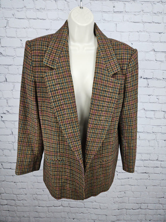VTG Giorgio Sant'Angelo Brown Multicolor Houndstooth 100% Wool Blazer Jacket L