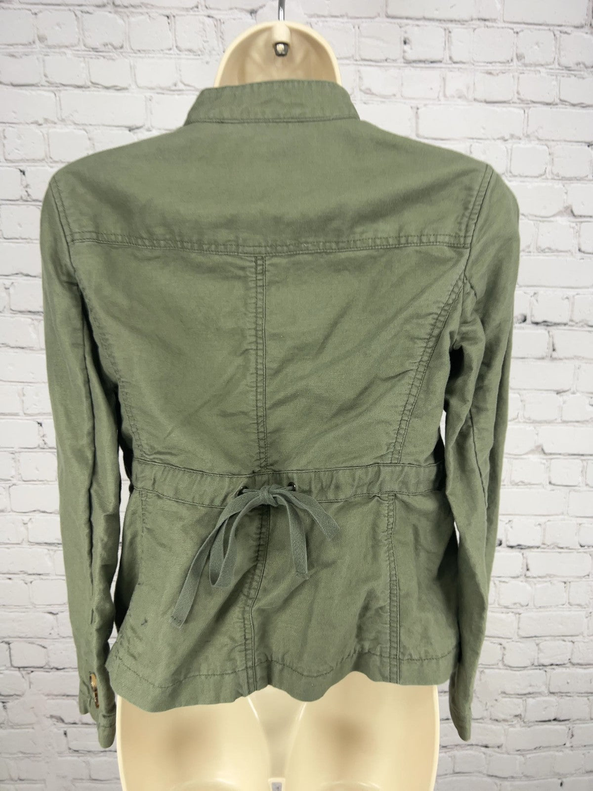 Talbots Petites Olive Green Linen Blend Stand Collar Utility Jacket SP